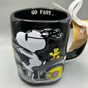 Rae Dunn Peanuts Joe Cool Snoopy And Woodstock Motorcycle GO FAST Black Mug NEW